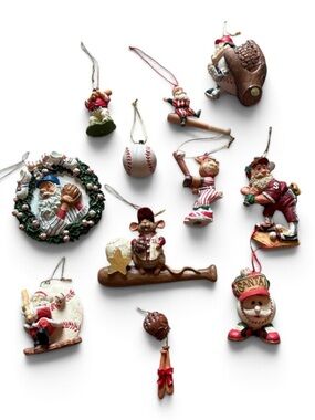 Baseball Christmas Ornament Bundle Lot Santa Mouse Wreath Decor Vintage